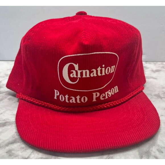 Carnation Corduroy Hat Vintage Potato Person Red Baseball Cap Ama Pro Zip Strap - Picture 10 of 11